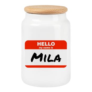 Bonjour Je m’appelle Mila Étiquette Étiquette Étiquette - Boîte à biscuits avec couvercle en bois - blanc - Devant