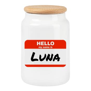 Hello My Name Is Luna Label Name Tag - Cookie Jar with Wooden Lid - white - Front