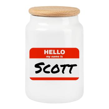 Hello My Name Is Scott Label Name Tag - Cookie Jar with Wooden Lid - white - Front