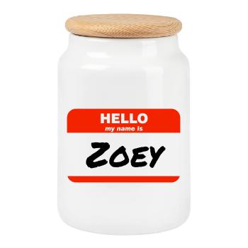 Hello My Name Is Zoey Label Name Tag - Cookie Jar with Wooden Lid - white - Front