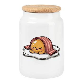 Sleeping Egg with Bacon Cartoon - Cookie Jar with Wooden Lid - white - Front
