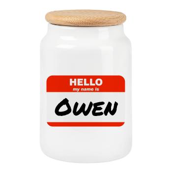 Hello My Name Is Owen Label Name Tag - Cookie Jar with Wooden Lid - white - Front