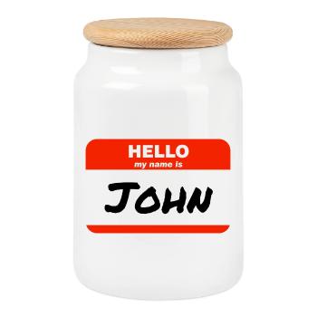 Hello My Name Is John Label Name Tag - Cookie Jar with Wooden Lid - white - Front