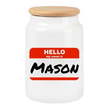 Hello My Name Is Mason Label Name Tag - Cookie Jar with Wooden Lid - white - Front