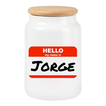 Hello My Name Is Jorge Label Name Tag - Cookie Jar with Wooden Lid - white - Front