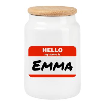 Hello My Name Is Emma Label Name Tag - Cookie Jar with Wooden Lid - white - Front
