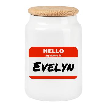 Bonjour, je m’appelle Evelyn Étiquette Nom Étiquette - Boîte à biscuits avec couvercle en bois - blanc - Devant