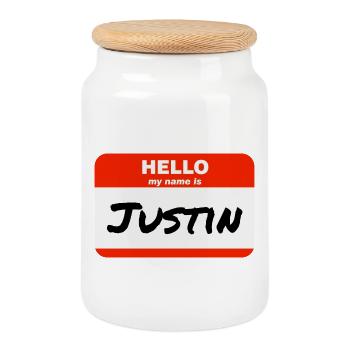 Hello My Name Is Justin Label Name Tag - Cookie Jar with Wooden Lid - white - Front
