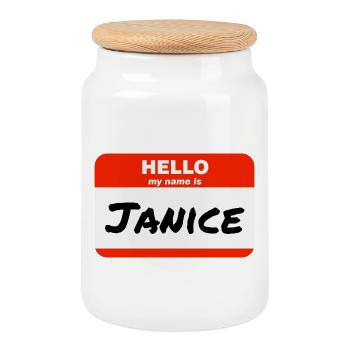 Hello My Name Is Janice Label Name Tag - Cookie Jar with Wooden Lid - white - Front