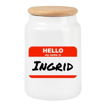 Hello My Name Is Ingrid Label Name Tag - Cookie Jar with Wooden Lid - white - Front