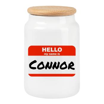 Hello My Name Is Connor Label Name Tag - Cookie Jar with Wooden Lid - white - Front