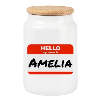 Bonjour, je m’appelle Amelia Étiquette Étiquette Étiquette - Boîte à biscuits avec couvercle en bois - blanc - Devant