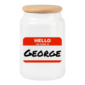 Hello My Name Is George Label Name Tag - Cookie Jar with Wooden Lid - white - Front