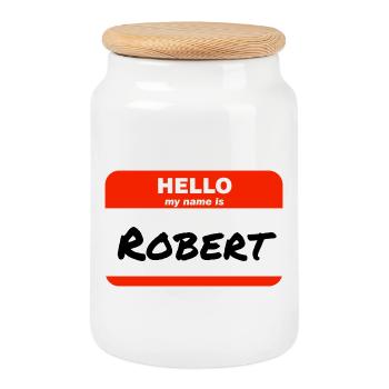 Bonjour, je m’appelle Robert Étiquette Étiquette Étiquette - Boîte à biscuits avec couvercle en bois - blanc - Devant