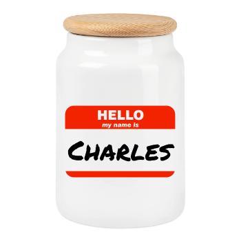 Hello My Name Is Charles Label Name Tag - Cookie Jar with Wooden Lid - white - Front