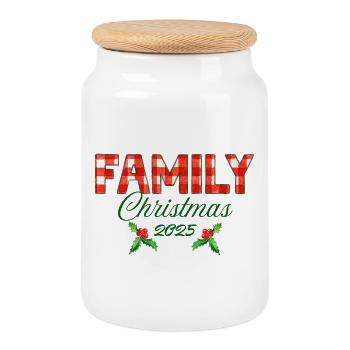 Motif Noël en famille 2025 - Boîte à biscuits avec couvercle en bois - blanc - Devant