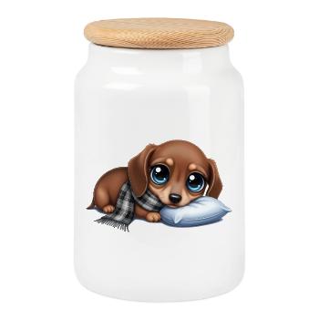 Chien câlin avec écharpe et oreiller - Boîte à biscuits avec couvercle en bois - blanc - Devant