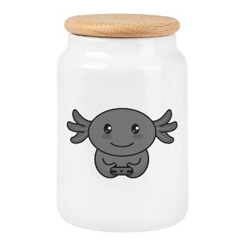 Axolotl Gamer Gamer with Controller - Cookie Jar with Wooden Lid - white - Front