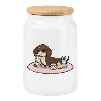 Dachshund with cuddly toys - Cookie Jar with Wooden Lid - white - Front