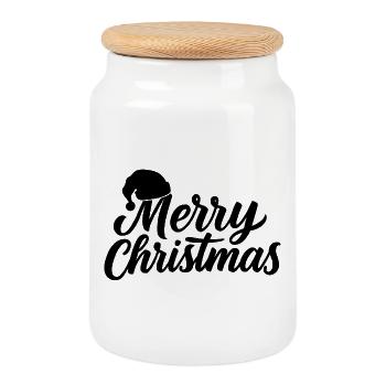 Hand lettering Merry Christmas with hat - Cookie Jar with Wooden Lid - white - Front