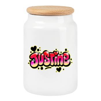 Justine Graffiti prénom Imprimable bulles coeurs - Boîte à biscuits avec couvercle en bois - blanc - Devant