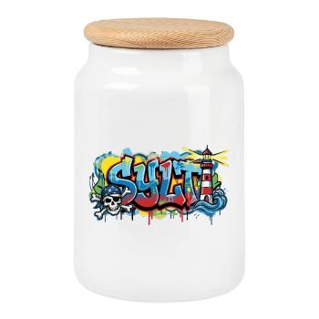 Sylt Graffiti with Lighthouse - Cookie Jar with Wooden Lid - white - Front