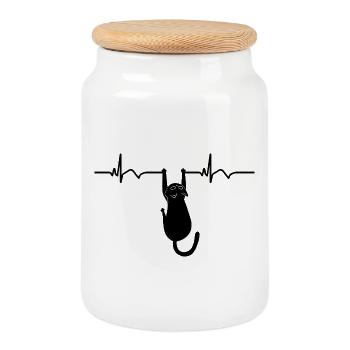 Cat ECG Heart Rate Heartbeat - Cookie Jar with Wooden Lid - white - Front