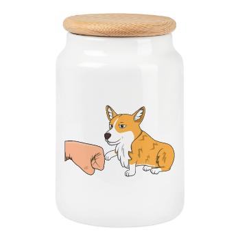 Cute Corgi Dog Fist Bump Paw Greeting Funny Pet - Cookie Jar with Wooden Lid - white - Front