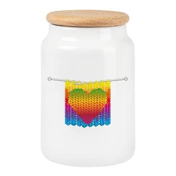Knitted stitches in rainbow colours with heart motif - Cookie Jar with Wooden Lid - white - Front