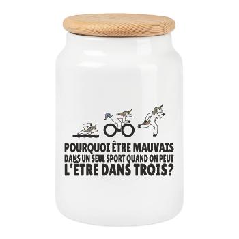 Humour Triathlon Licorne Nager, Pédaler, Courir - Boîte à biscuits avec couvercle en bois - blanc - Devant