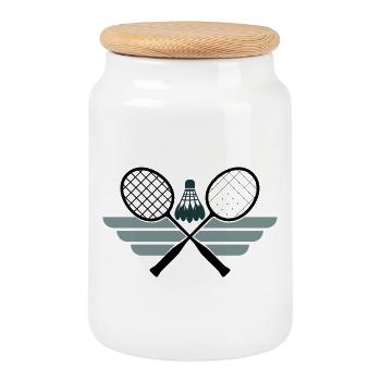 Badminton Emblem – Gekreuzte Schläger & Federball - Keksdose mit Holzdeckel - Weiß - Vorne