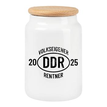 DDR Rentner 2025 Geschenk Hoodie T-Shirt Tasse - Keksdose mit Holzdeckel - Weiß - Vorne