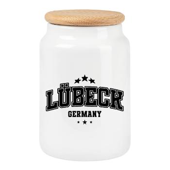 Lübeck Lettering – Minimalist City Design - Cookie Jar with Wooden Lid - white - Front