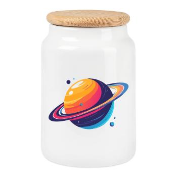 Neon Planetenkosmos Planet mit Ring und Monden - Keksdose mit Holzdeckel - Weiß - Vorne