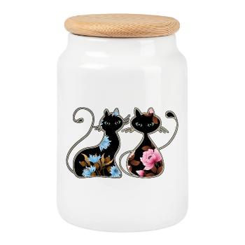 Cats - Cookie Jar with Wooden Lid - white - Front