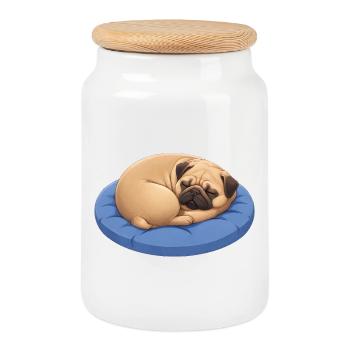 Cute Pug Cartoon Dog Cuddling Resting - Cookie Jar with Wooden Lid - white - Front