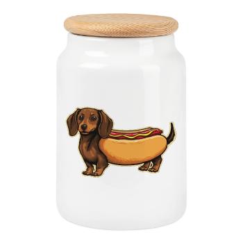 Süßer Dackel Hot-Dog-Brötchen-Aufkleber - Keksdose mit Holzdeckel - Weiß - Vorne