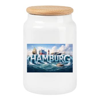 Hamburg Waves at the harbour - Cookie Jar with Wooden Lid - white - Front
