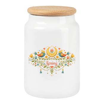 Spring ornament with flowers, birds and moon - Cookie Jar with Wooden Lid - white - Front