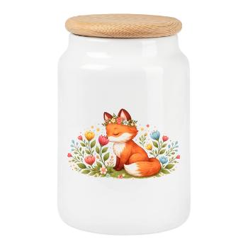 Cute spring fox with flower wreath - Cookie Jar with Wooden Lid - white - Front