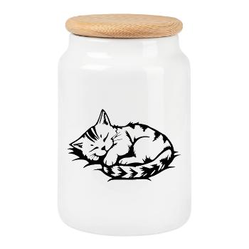 sleeping cat black - Cookie Jar with Wooden Lid - white - Front