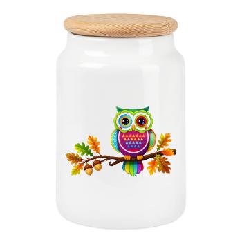 Hibou coloré sur une branche avec des feuilles d’automne - Boîte à biscuits avec couvercle en bois - blanc - Devant