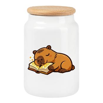Sleeping Capybara on Book Reading Motif - Cookie Jar with Wooden Lid - white - Front