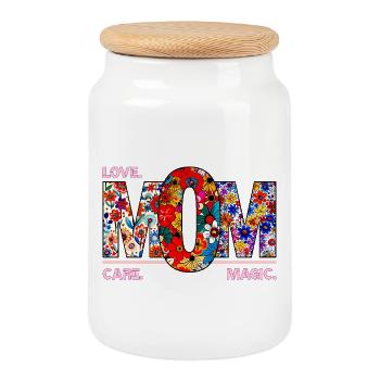 MOM Love Care Magic Floral Design - Cookie Jar with Wooden Lid - white - Front