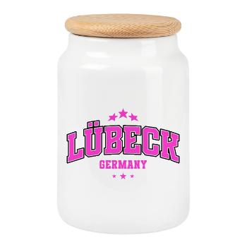 Lübeck Pink City Logo - Cookie Jar with Wooden Lid - white - Front