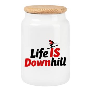 Life is Downhill Skiing Winter Sports Mountains - Cookie Jar with Wooden Lid - white - Front