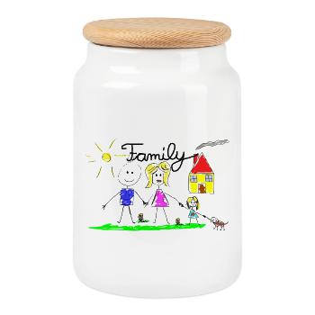 Family Line Drawing - Cookie Jar with Wooden Lid - white - Front