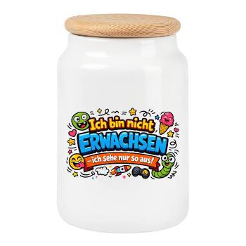 Ich bin nicht erwachsen Spruch Cartoon - Keksdose mit Holzdeckel - Weiß - Vorne