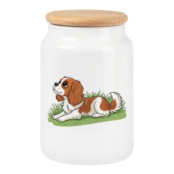 Chien Cavalier king charles sur Herbe - Boîte à biscuits avec couvercle en bois - blanc - Devant