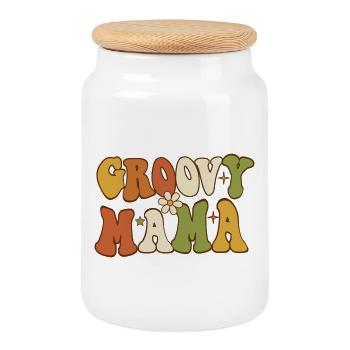 Typographie des fleurs rétro Groovy Mama - Boîte à biscuits avec couvercle en bois - blanc - Devant